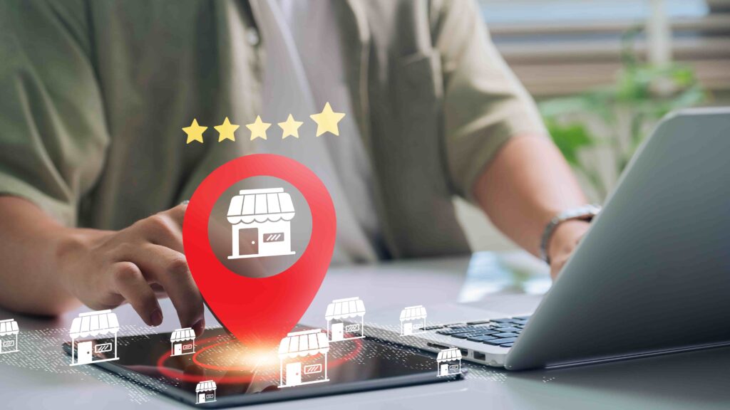 Business location pin and five-star rating on a digital map, illustrating how Google Business Profiles help customers discover local businesses online.